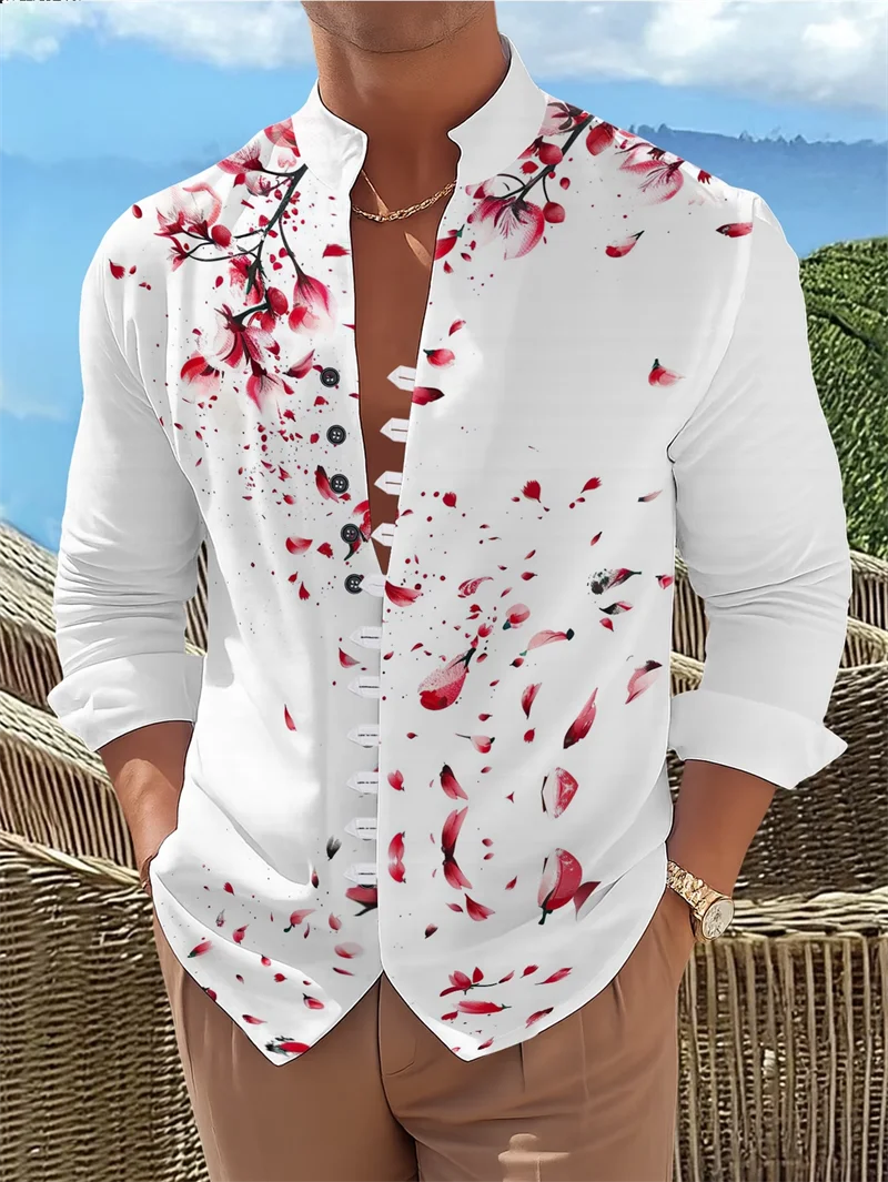 New retro ethnic style diamond patterned shirt for men, stand up collar, single breasted, personalized long sleeved top