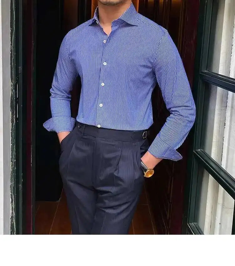High Quality Men Business Striped Shirt Long Sleeve Slim Hairstylist Shirts Men Office Tuxedo Stripe Shirt Social Herren Hemd