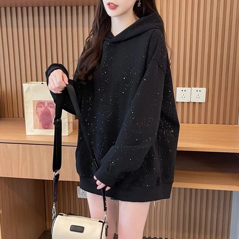 Sequins Women's Hoodies Sweatshirts Loose Y2k Vintage Matching New in Long Sleeve Y 2k Casual Emo Black Baggy Female Hooded Top