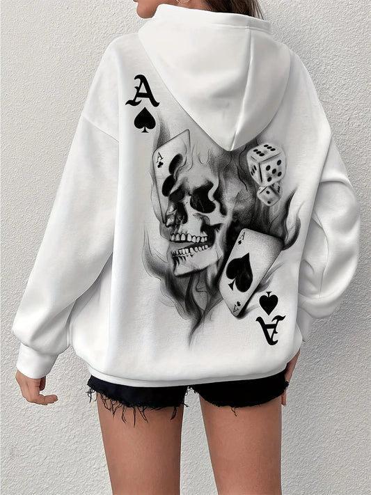 Women's autumn and winter fashionable casual loose geometric skull pattern with plush warm long sleeved hooded sweatshirt