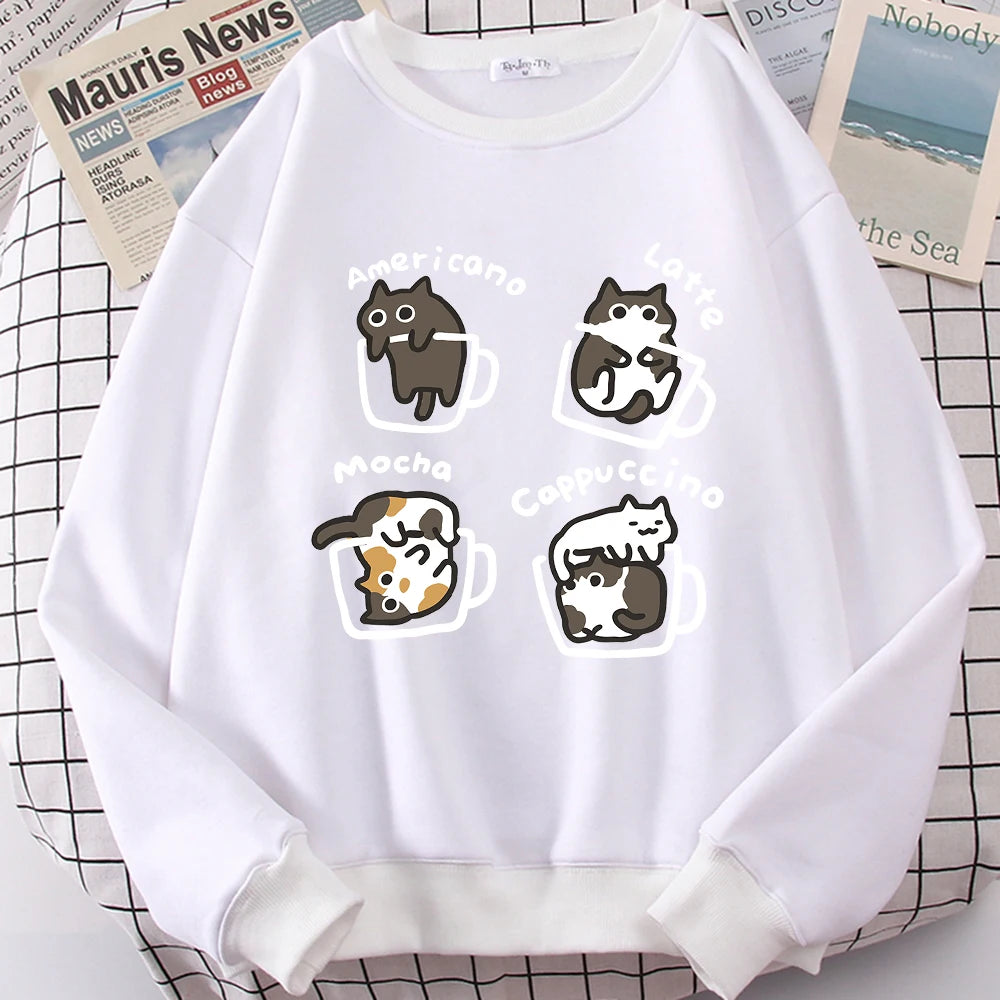 American Style Coffee Cat Cute Print Cartoons Hoodie Men Women Sweatshirt Loose Warm Clothes Personality Autumn Hoody Couple