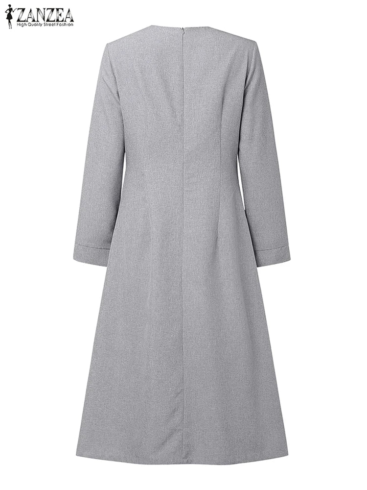 ZANZEA Autumn Dress Women Long Sleeve Elegant Office Sundress Casual Solid Color Vestidos 2025 European Style Asymmetrical Robe
