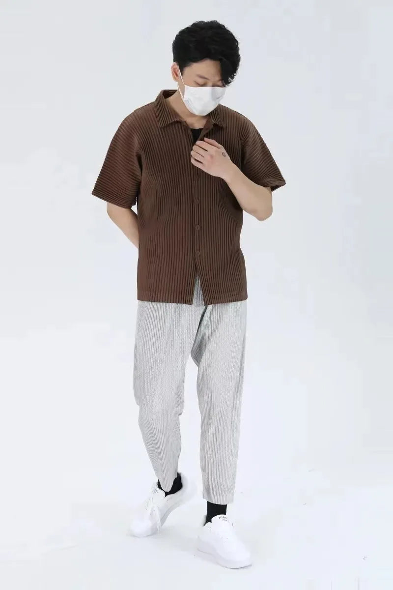 Pleats Pleated Original Short-sleeved Shirt Men's Short-sleeved Blouse 2024 Spring And Summer Loose Casual Jacket Solid Color