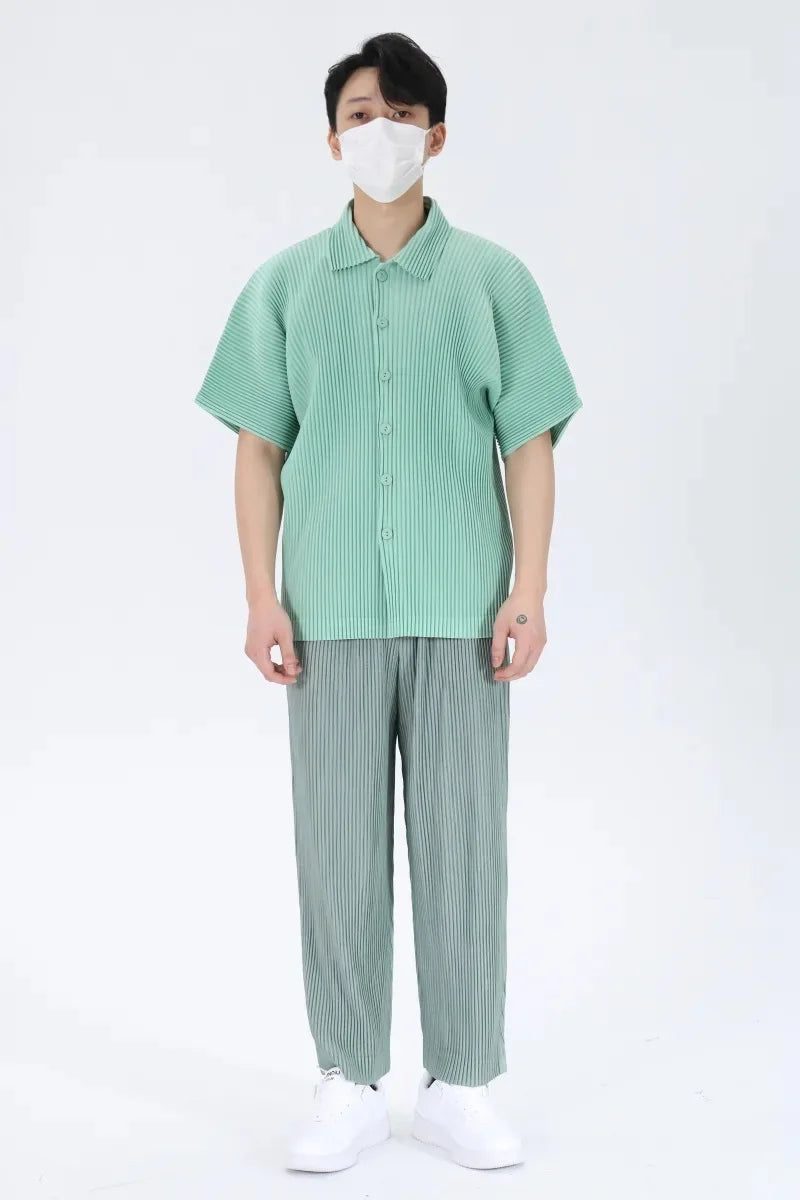 Pleats Pleated Original Short-sleeved Shirt Men's Short-sleeved Blouse 2024 Spring And Summer Loose Casual Jacket Solid Color