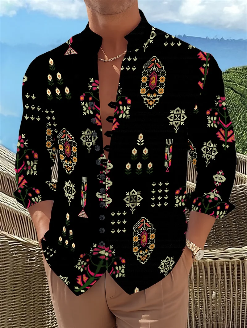 New retro ethnic style diamond patterned shirt for men, stand up collar, single breasted, personalized long sleeved top