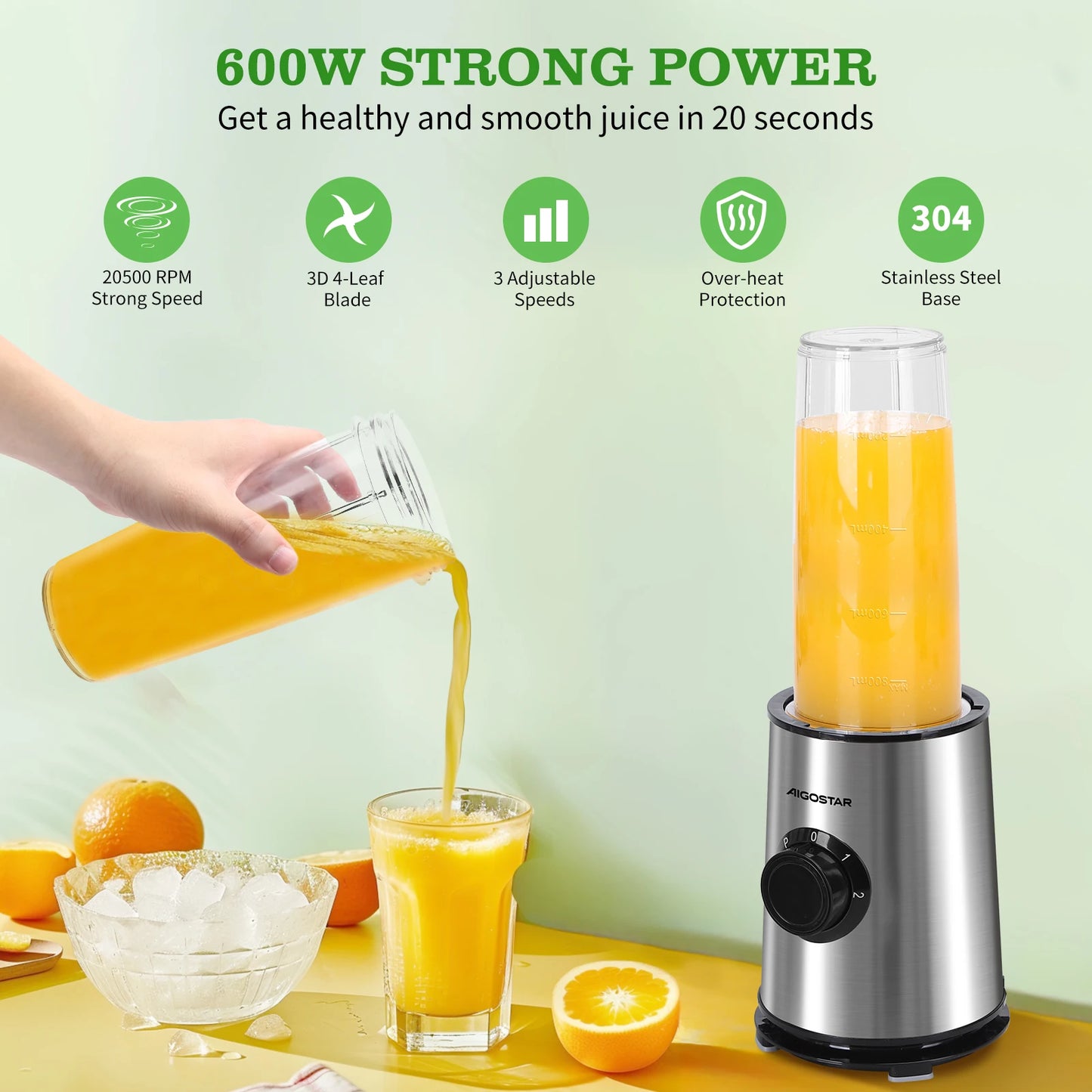 Aigostar Portable Blender, Electric Blender with 2 * 800ml BPA-FREE Water Bottles, 2 Speeds and Pulse, 4 Stainless Steel Blades,