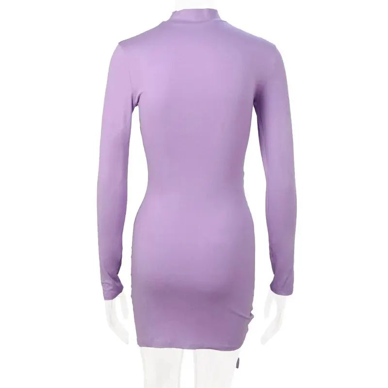 Long Sleeve Ruched Bodycon Dress Women Turtleneck Bandage Mini Dresses Autumn Black Skinny Stretchy Party Vestidos