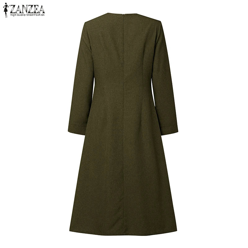 ZANZEA Autumn Dress Women Long Sleeve Elegant Office Sundress Casual Solid Color Vestidos 2025 European Style Asymmetrical Robe