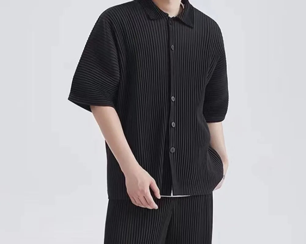 Pleats Pleated Original Short-sleeved Shirt Men's Short-sleeved Blouse 2024 Spring And Summer Loose Casual Jacket Solid Color