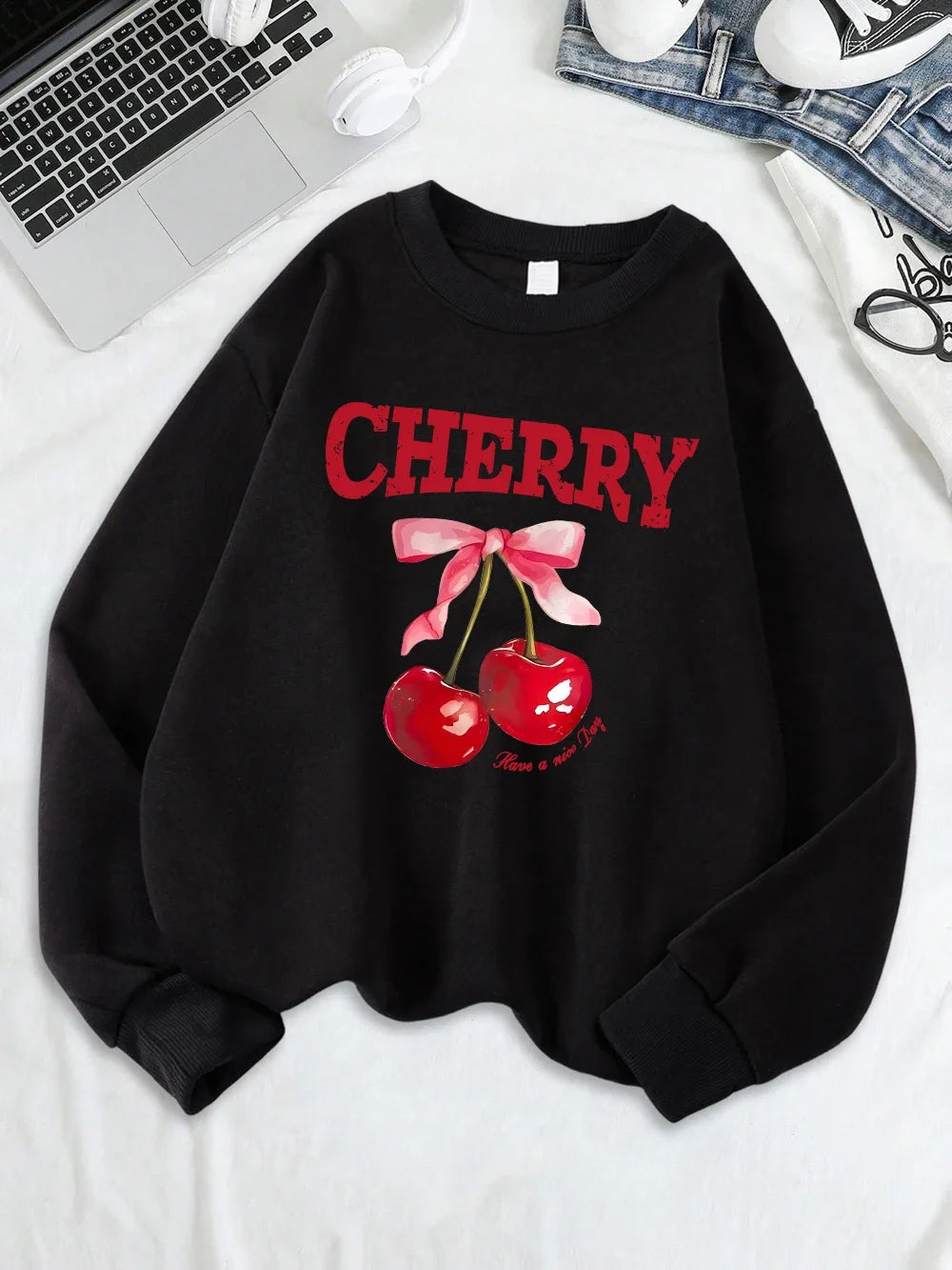 Cherry Pink Bow Have A Nice Day Prints Sweatshirts Women Warm Comfortable Hoodie O-Neck Tops Winter Casual Clothes