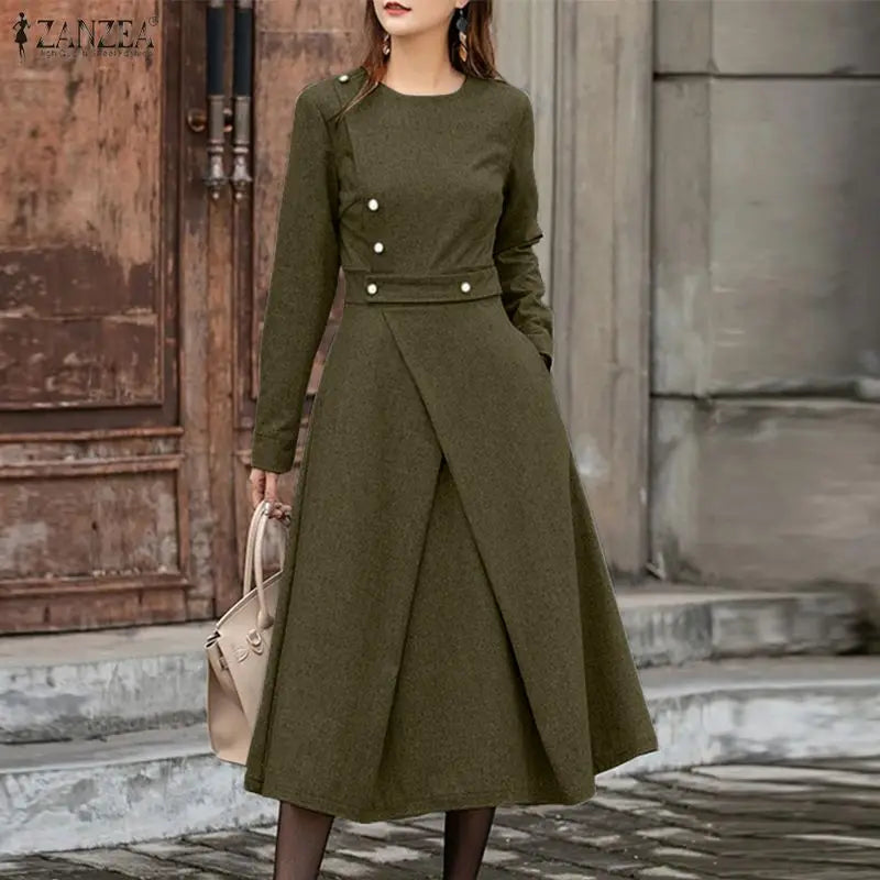 ZANZEA Autumn Dress Women Long Sleeve Elegant Office Sundress Casual Solid Color Vestidos 2025 European Style Asymmetrical Robe