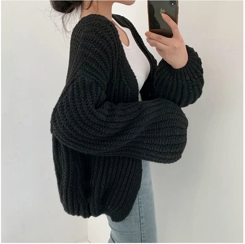 2026 Vintage Harajuku Lantern Sleeve Women Cardigan Sweater Casual Korean Fall Streetwear Tops Coat Chic Lazy Wind Y2k Sweater