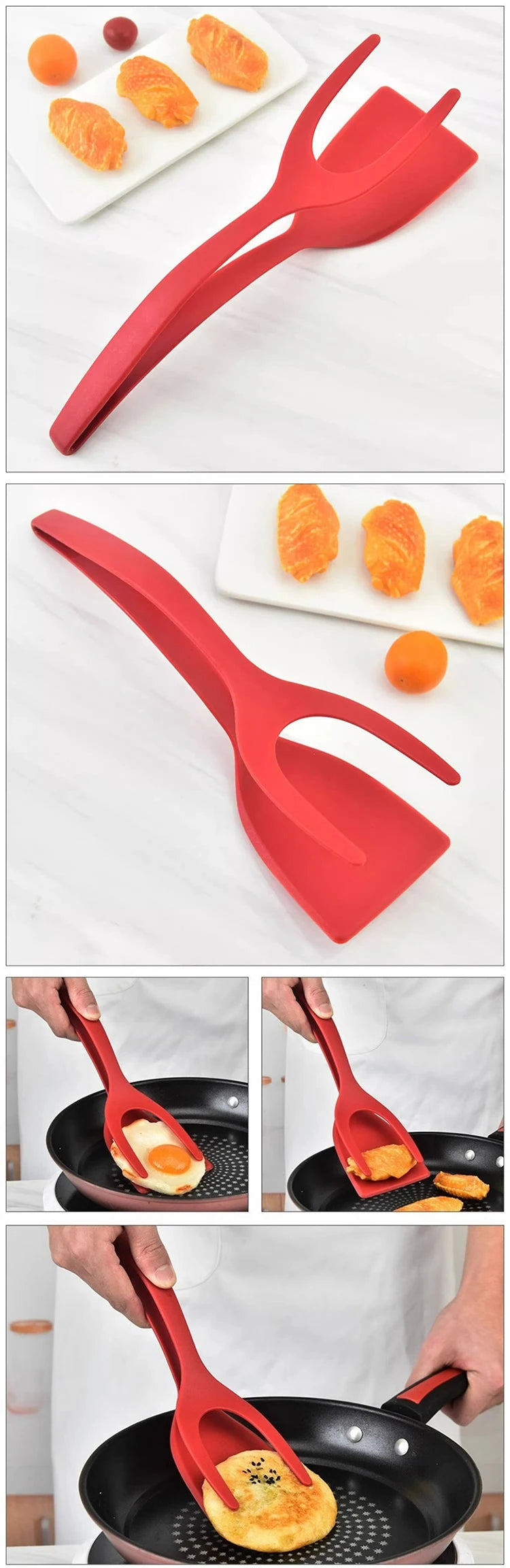 2 in 1 Nylon Grip Flip Tongs with Egg Spatula And Steak Turner Clamp Fish French Special Kitchen Utensils Cooking Tool CFQJ004