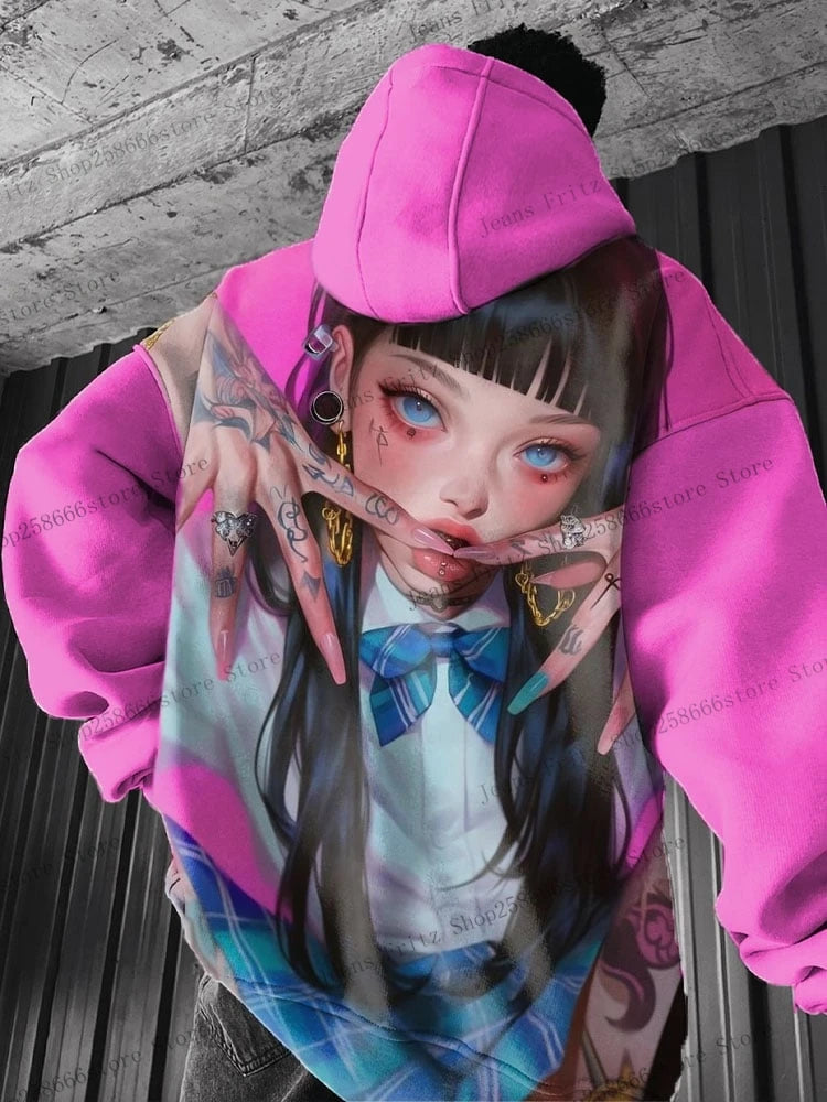 Anime girl back pattern Sweatshirt Casual Long Sleeve Hooded Pullover 3D Printing Women Top Fashion Oversized Men's Hoodies