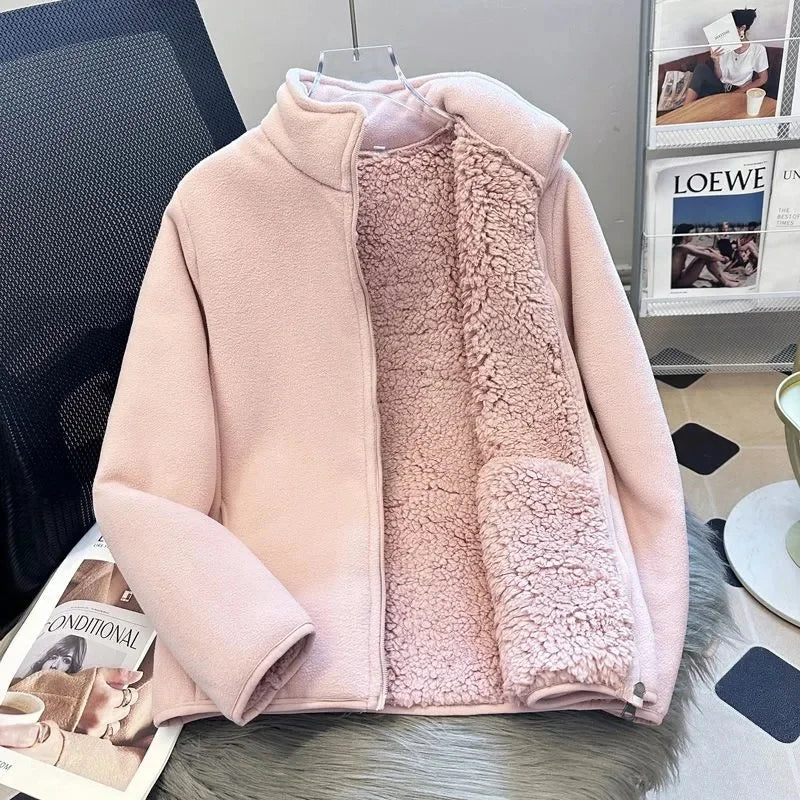 2025 Fashion Polar Fleece Sweatshirt Women's Stand-up Collar Short Coat Autumn Winter Zipper-up Thicken Jacket Lady Warm Tops