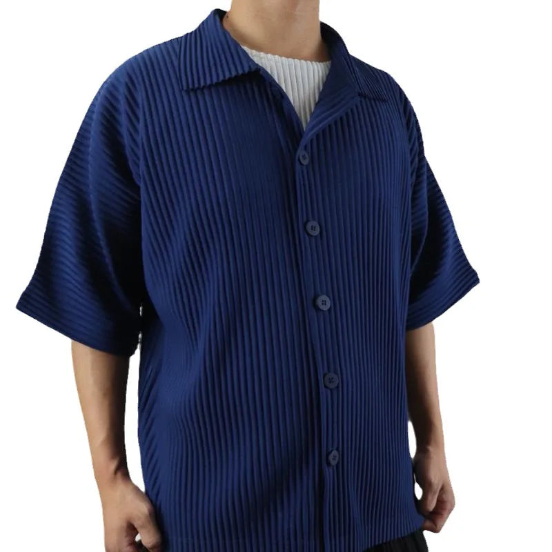 Pleats Pleated Original Short-sleeved Shirt Men's Short-sleeved Blouse 2024 Spring And Summer Loose Casual Jacket Solid Color