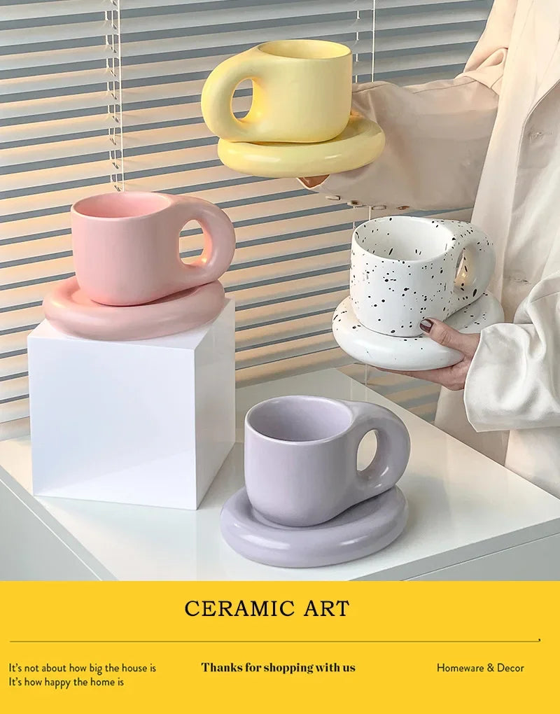 Nordic Modern Ceramic Coffee Cups and Plates Korean Ins Cute Trendy Chubby Cup Office Makron Color Spotted Texture Couple Cup