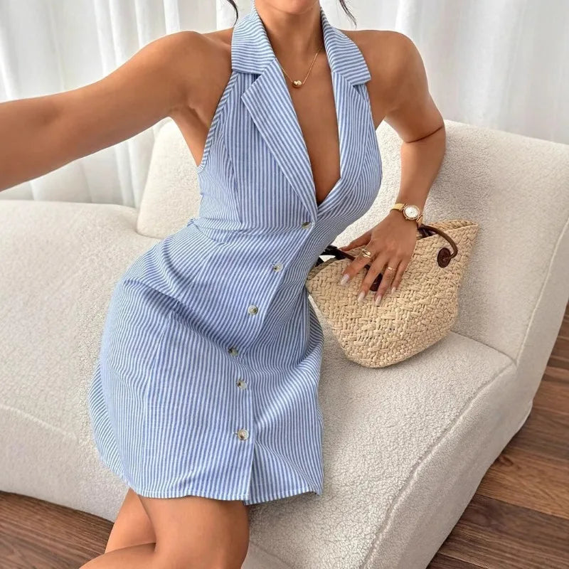 Halter Strap Bow A-shaped Beach Skirt Single-row Button-printed Suspender Dress Summer Dress Mini Dress for Women