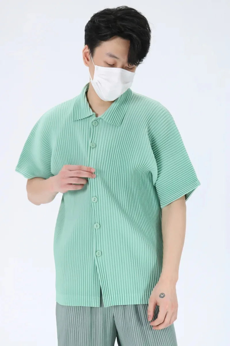 Pleats Pleated Original Short-sleeved Shirt Men's Short-sleeved Blouse 2024 Spring And Summer Loose Casual Jacket Solid Color