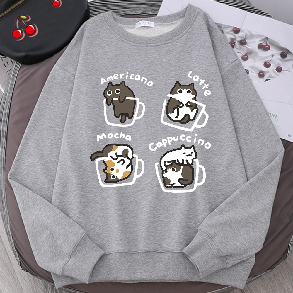 American Style Coffee Cat Cute Print Cartoons Hoodie Men Women Sweatshirt Loose Warm Clothes Personality Autumn Hoody Couple