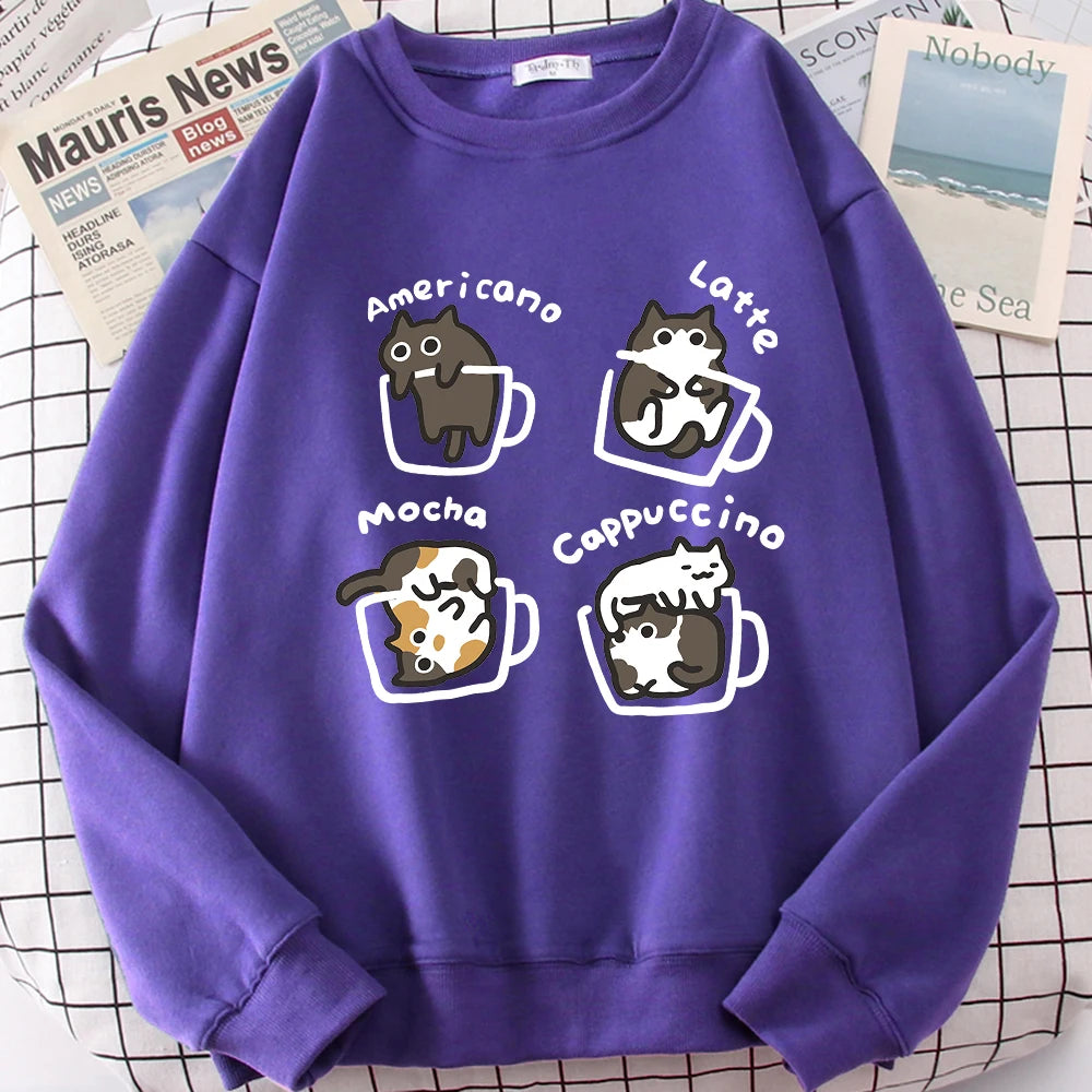 American Style Coffee Cat Cute Print Cartoons Hoodie Men Women Sweatshirt Loose Warm Clothes Personality Autumn Hoody Couple