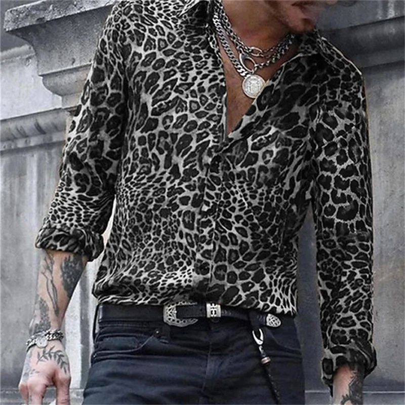 Leopard Print Shirt Men's Cuffed Fashion Casual Men's Soft Comfort High End Party Tops Men's Street Long Sleeve Clothing Tops