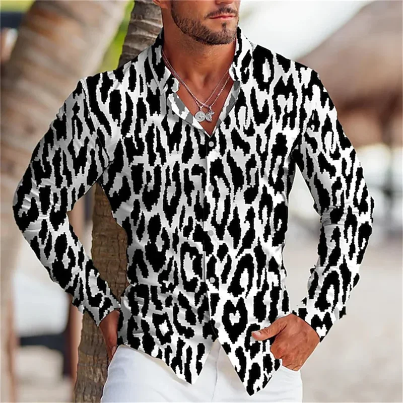 Leopard Print Shirt Men's Cuffed Fashion Casual Men's Soft Comfort High End Party Tops Men's Street Long Sleeve Clothing Tops