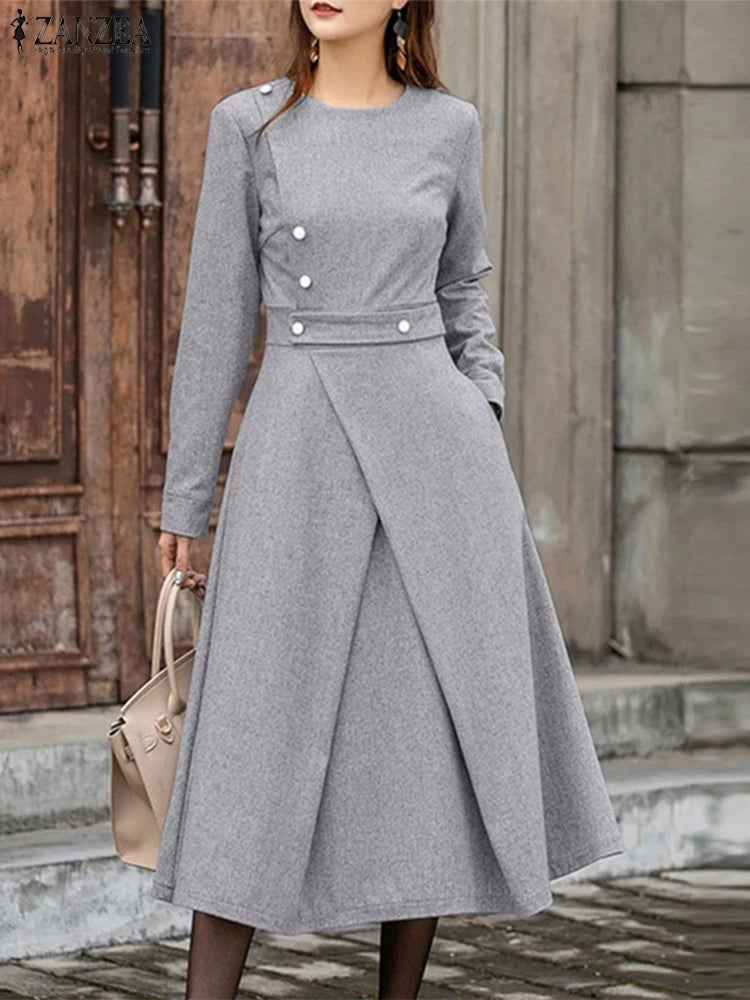ZANZEA Autumn Dress Women Long Sleeve Elegant Office Sundress Casual Solid Color Vestidos 2025 European Style Asymmetrical Robe