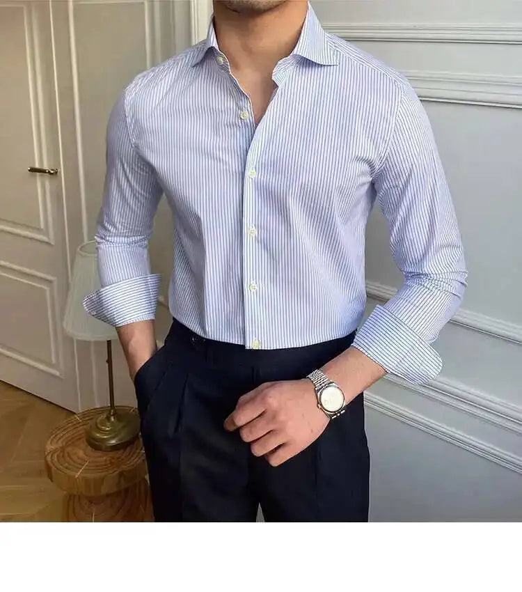 High Quality Men Business Striped Shirt Long Sleeve Slim Hairstylist Shirts Men Office Tuxedo Stripe Shirt Social Herren Hemd