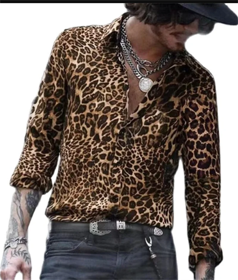 Leopard Print Shirt Men's Cuffed Fashion Casual Men's Soft Comfort High End Party Tops Men's Street Long Sleeve Clothing Tops
