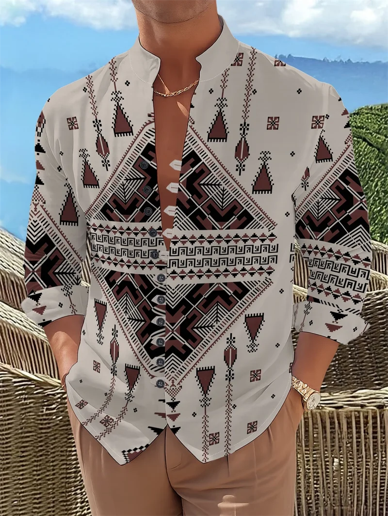New retro ethnic style diamond patterned shirt for men, stand up collar, single breasted, personalized long sleeved top