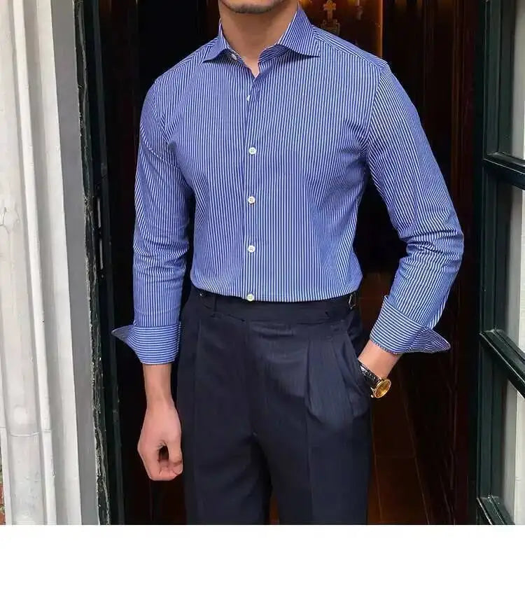 High Quality Men Business Striped Shirt Long Sleeve Slim Hairstylist Shirts Men Office Tuxedo Stripe Shirt Social Herren Hemd