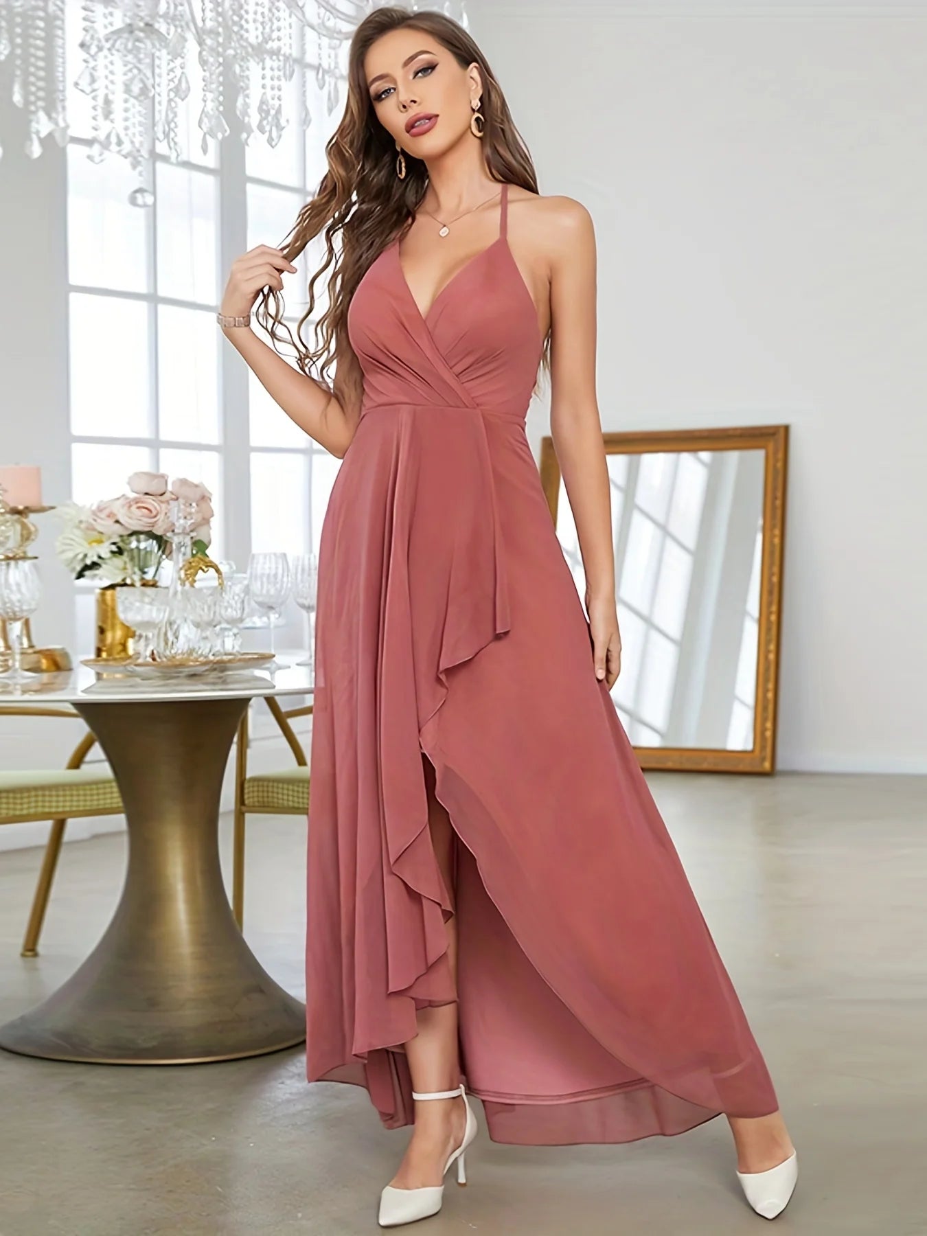 Mgiacy Ruffle Hem V-neck Halter Bridesmaid Dress, Elegant Backless Dress For Wedding Party, Women's Clothing