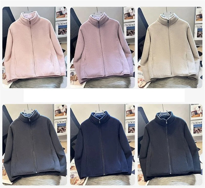 2025 Fashion Polar Fleece Sweatshirt Women's Stand-up Collar Short Coat Autumn Winter Zipper-up Thicken Jacket Lady Warm Tops