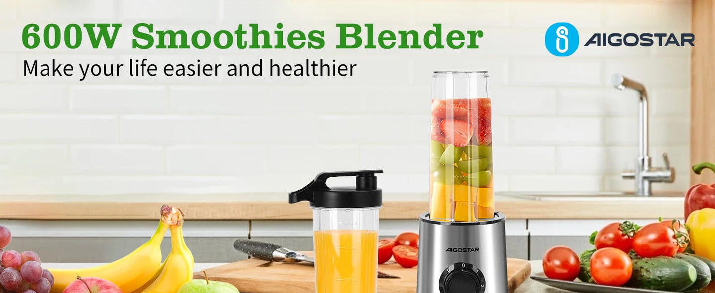Aigostar Portable Blender, Electric Blender with 2 * 800ml BPA-FREE Water Bottles, 2 Speeds and Pulse, 4 Stainless Steel Blades,
