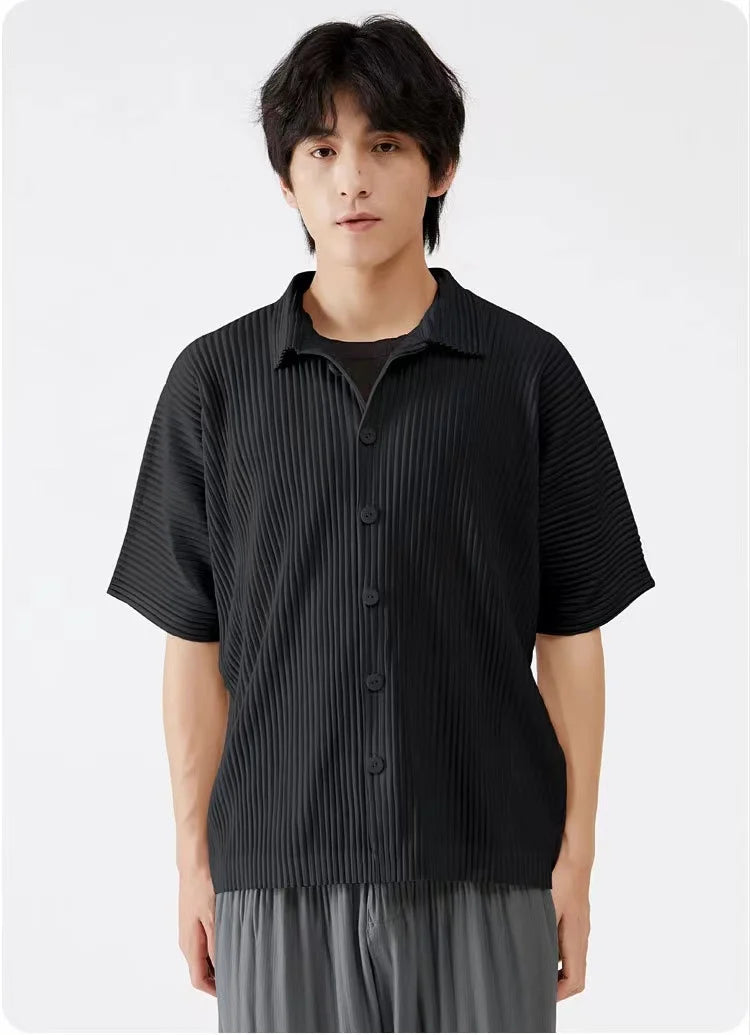 Pleats Pleated Original Short-sleeved Shirt Men's Short-sleeved Blouse 2024 Spring And Summer Loose Casual Jacket Solid Color