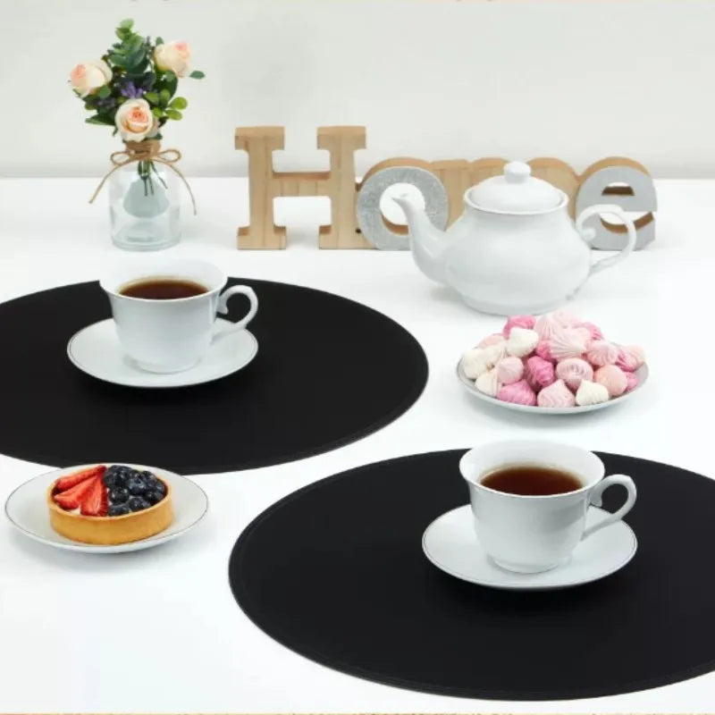 1/2/6PCS Black Round Placemats Set Luxury Shaped Fuax Leather PU Coffe Table Mat Cafe Pad Christmas Decor Kitchen Accessories