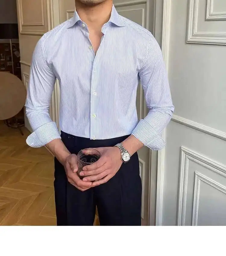 High Quality Men Business Striped Shirt Long Sleeve Slim Hairstylist Shirts Men Office Tuxedo Stripe Shirt Social Herren Hemd