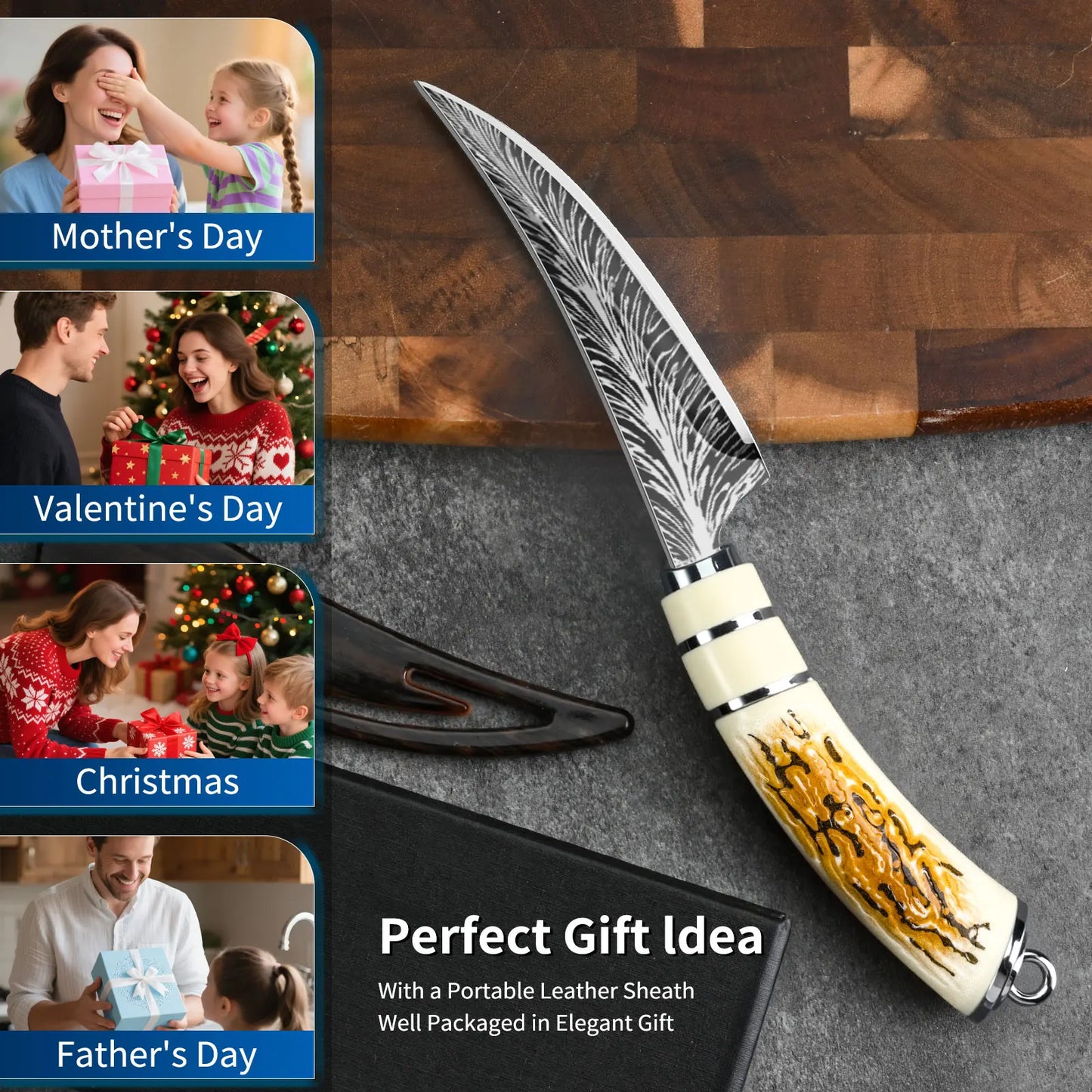 1PC Boning knife with sharp curved blade for gift box Kitchen High hardness forging Damascus texture knife Sharp fruit knife