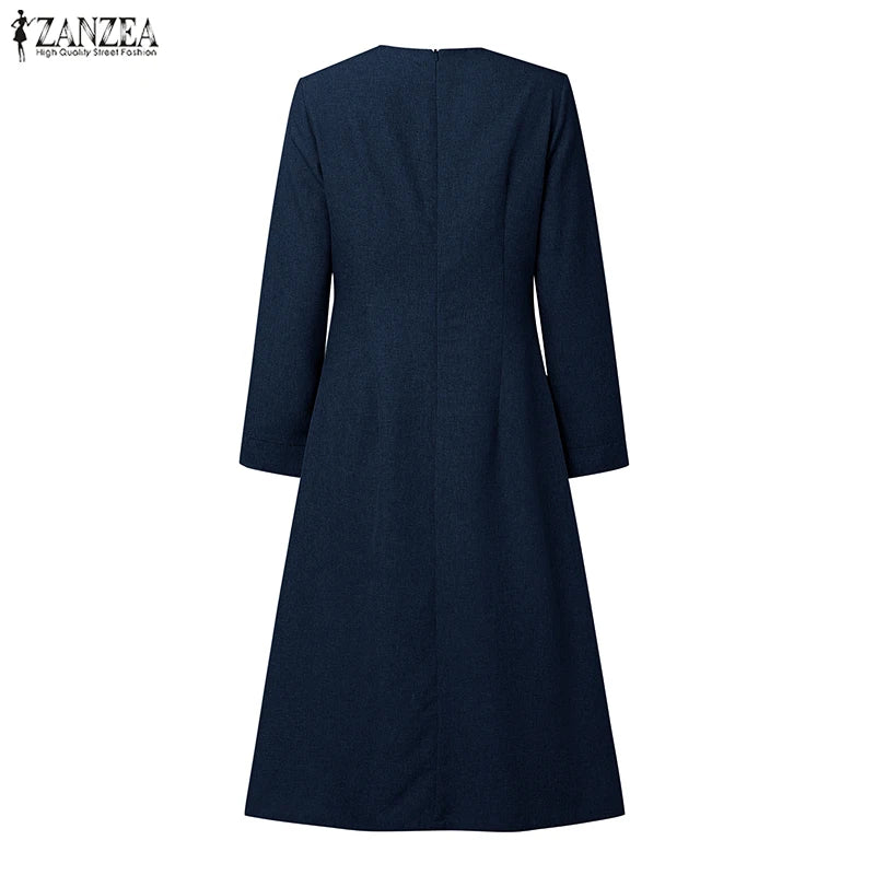 ZANZEA Autumn Dress Women Long Sleeve Elegant Office Sundress Casual Solid Color Vestidos 2025 European Style Asymmetrical Robe