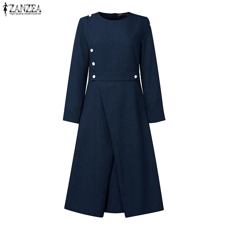 ZANZEA Autumn Dress Women Long Sleeve Elegant Office Sundress Casual Solid Color Vestidos 2025 European Style Asymmetrical Robe
