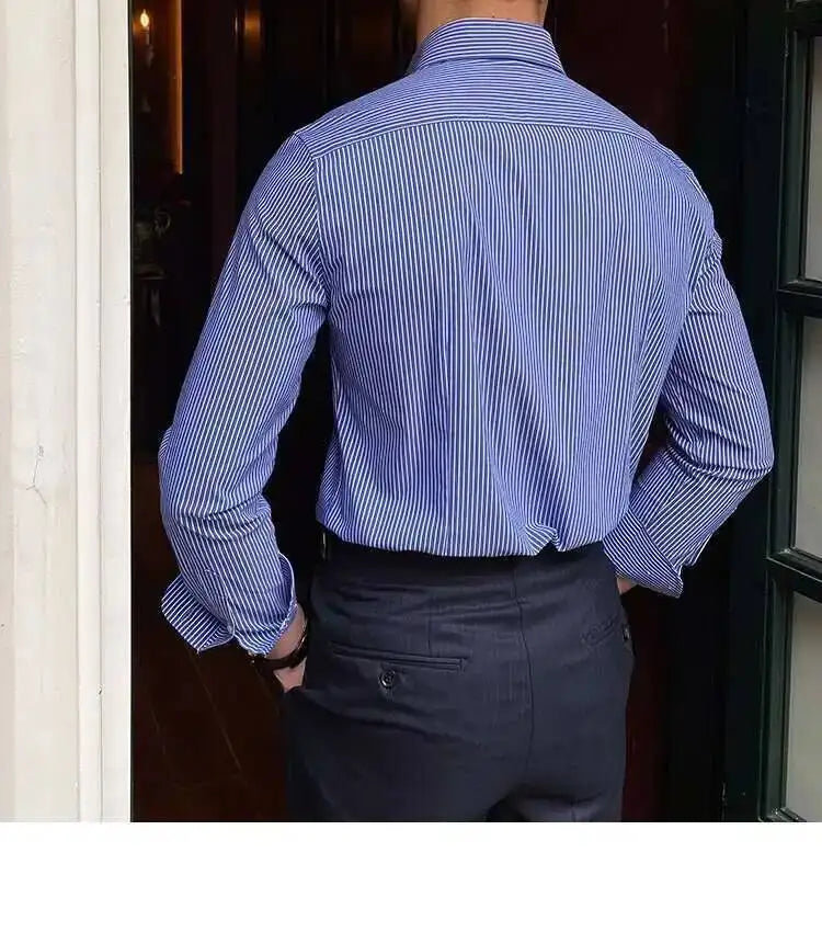 High Quality Men Business Striped Shirt Long Sleeve Slim Hairstylist Shirts Men Office Tuxedo Stripe Shirt Social Herren Hemd