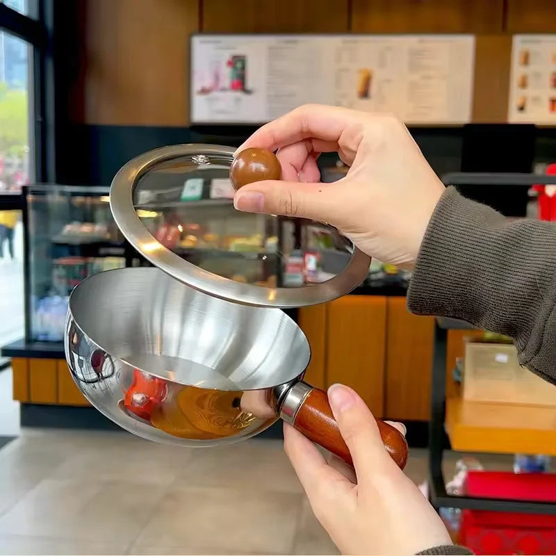 Stainless Steel Saucepan Milk Pan with Walnut Wood Handle Small Cooking Pot for Frying Egg Heating Milk 316 Steel KitchenCooking