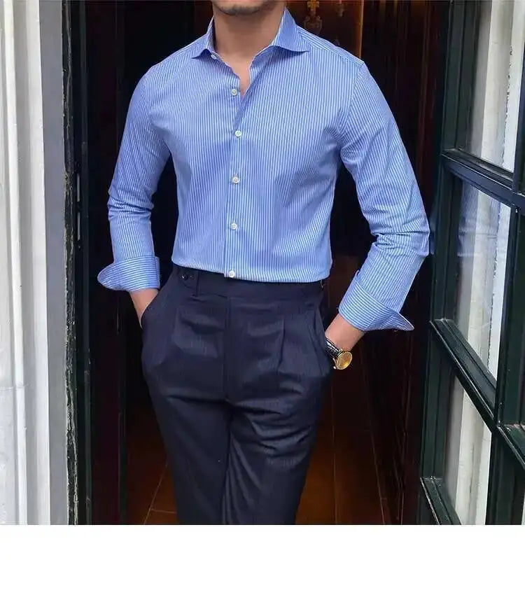 High Quality Men Business Striped Shirt Long Sleeve Slim Hairstylist Shirts Men Office Tuxedo Stripe Shirt Social Herren Hemd