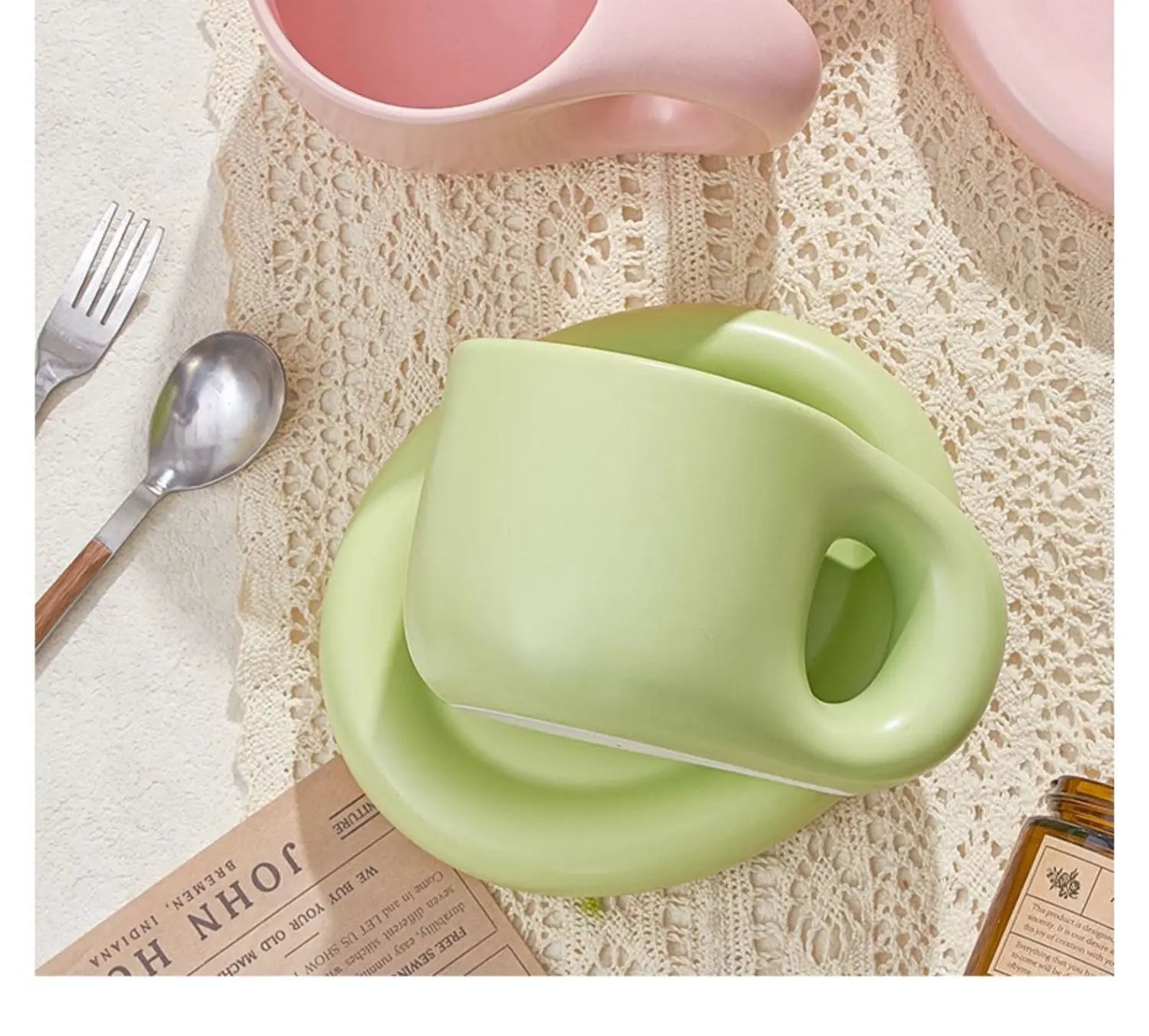 Nordic Modern Ceramic Coffee Cups and Plates Korean Ins Cute Trendy Chubby Cup Office Makron Color Spotted Texture Couple Cup