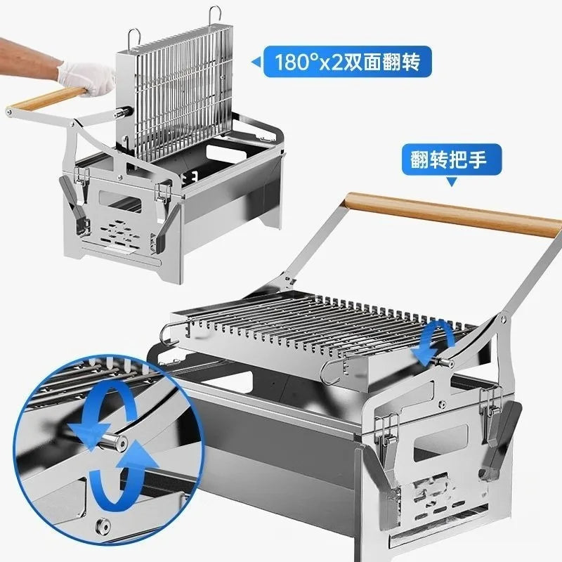Portable Charcoal BBQ Grill Detachable Flip Outdoor Rotating Barbecue Rack