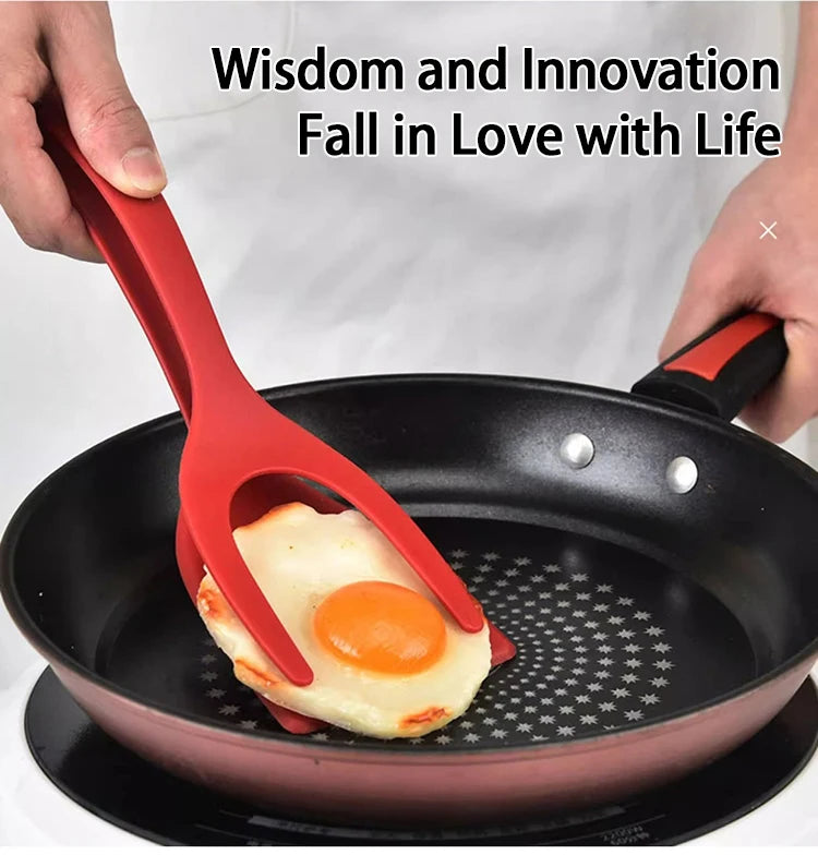 2 in 1 Nylon Grip Flip Tongs with Egg Spatula And Steak Turner Clamp Fish French Special Kitchen Utensils Cooking Tool CFQJ004