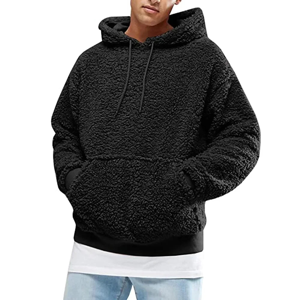 2025 Autumn Winter Men's Tops Plush Hooded Sweater Fashion Solid Warm Hoodies Y2K Streetwear in Hooded Sweatshirts Mens Clothes