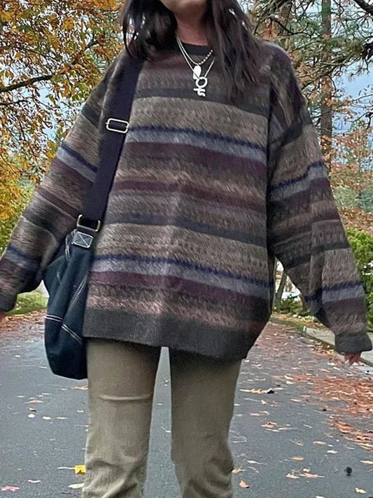 Y2K Printed Vintage Stripe Sweaters O Neck Full Sleeve Loose Fairycore Grunge Jumpers Grandpa Autumn Winter Pullovers Women