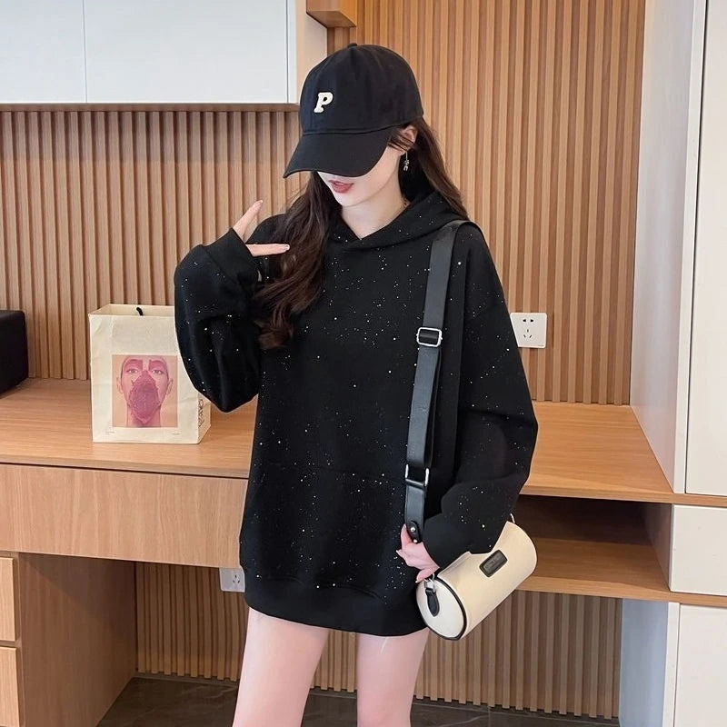 Sequins Women's Hoodies Sweatshirts Loose Y2k Vintage Matching New in Long Sleeve Y 2k Casual Emo Black Baggy Female Hooded Top